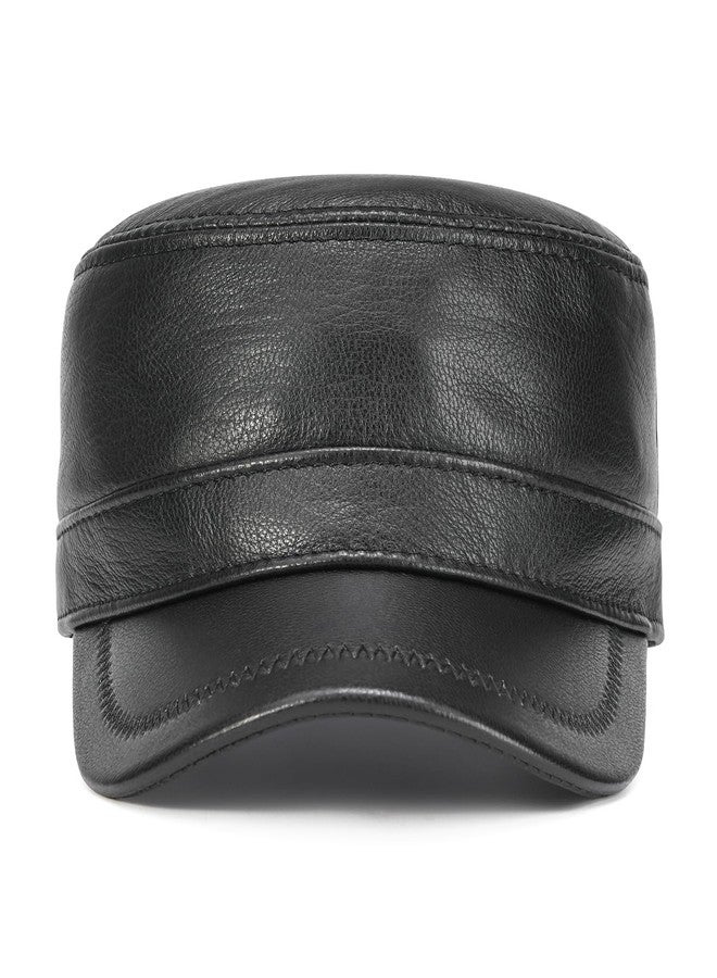 VOBOOM Leather Cadet Army Cap Adjustable Flat Top Military Style Hat for Men (Black) - Image 2